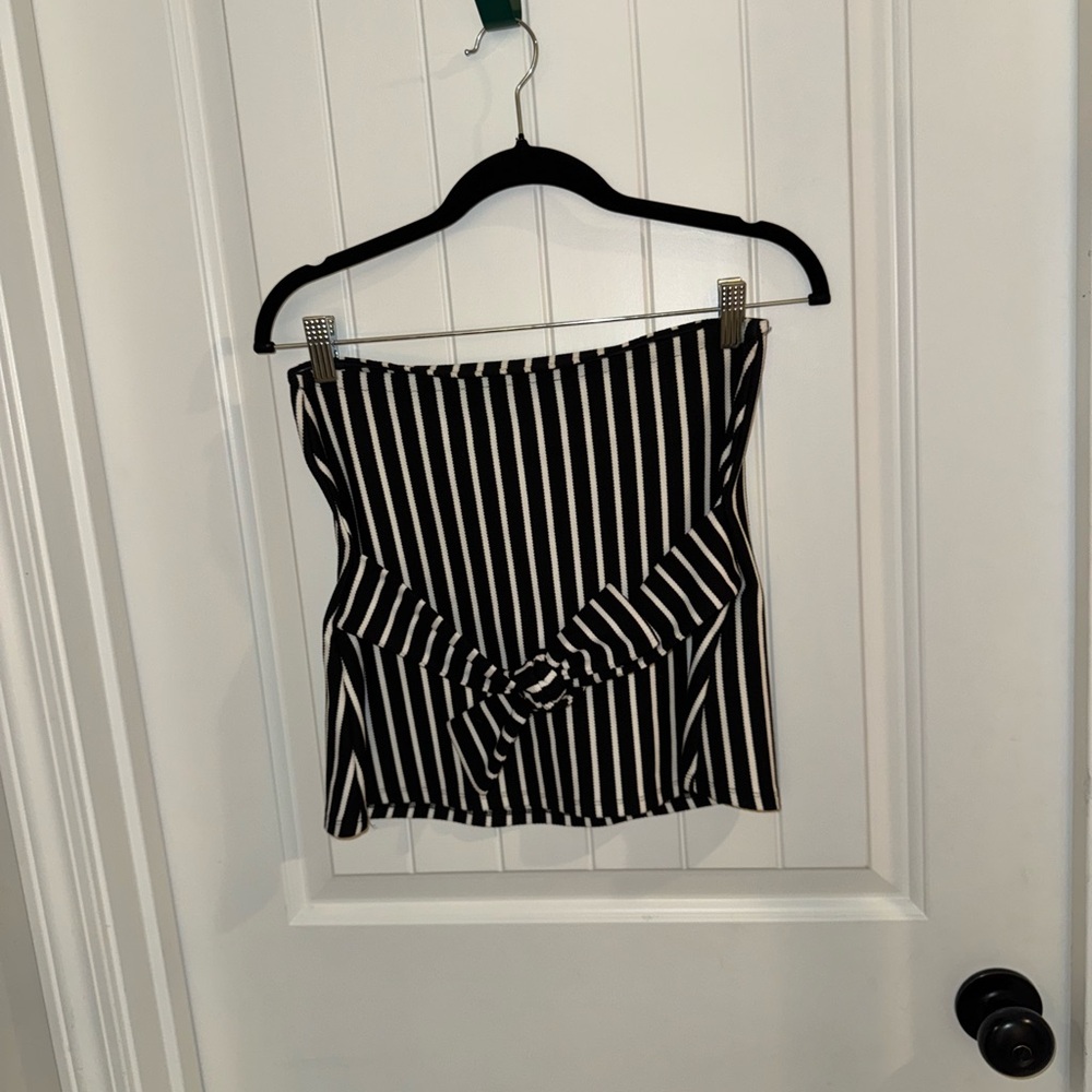 Express Black and White Striped Strapless Top with Tie